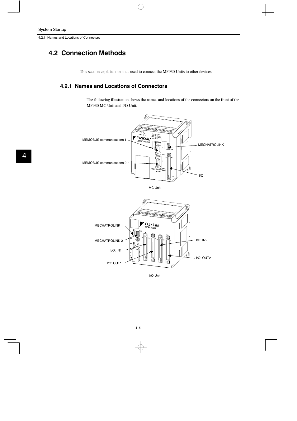 2 connection methods, 1 names and locations of connectors | Yaskawa MP930 User Manual | Page 110 / 338