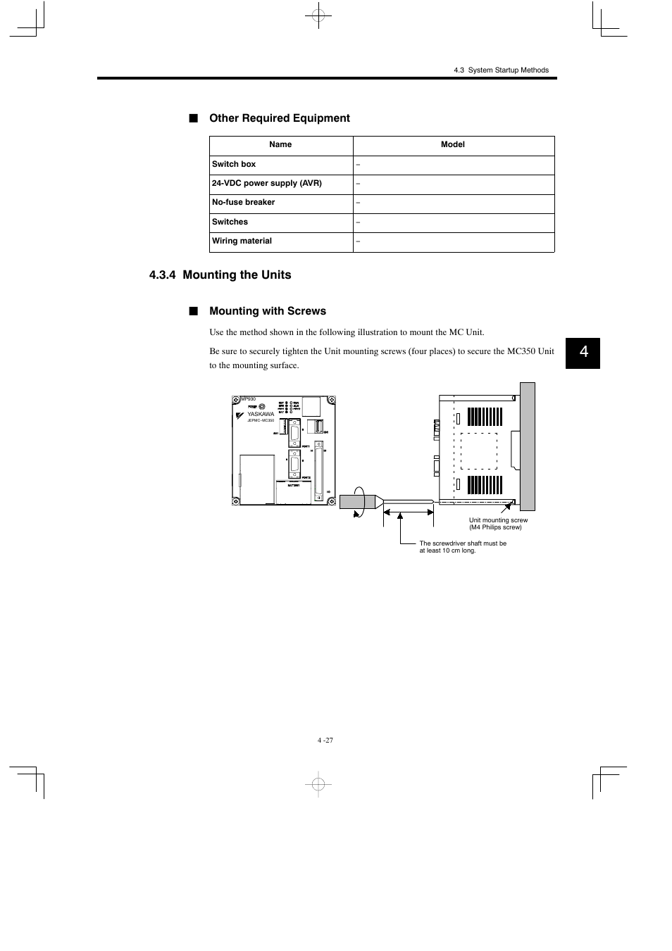 4 mounting the units, Jother required equipment, Jmounting with screws | Yaskawa MP930 User Manual | Page 129 / 338
