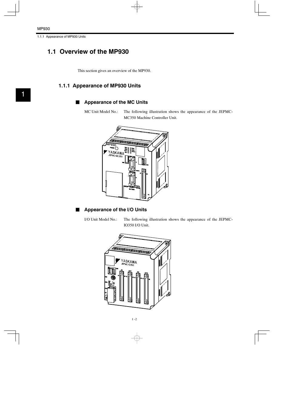 1 overview of the mp930, 1 appearance of mp930 units | Yaskawa MP930 User Manual | Page 14 / 338