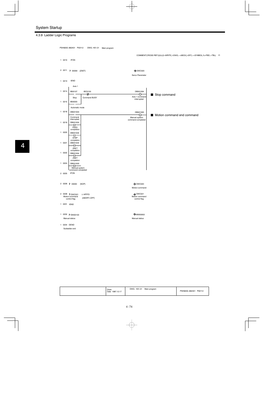 System startup, 9 ladder logic programs 4 -74 j stop command, Jmotion command end command | Yaskawa MP930 User Manual | Page 176 / 338