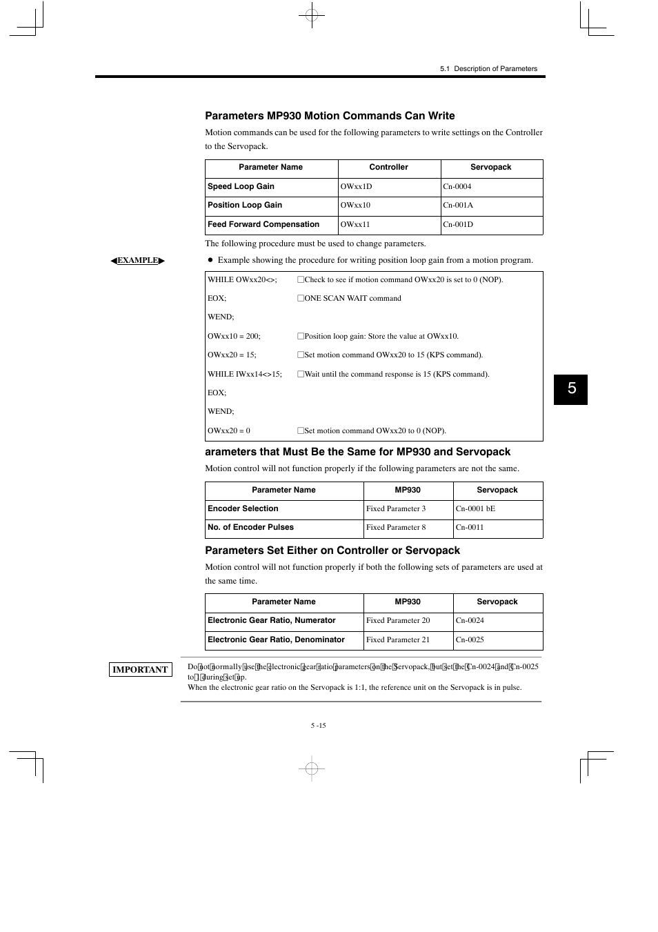 Parameters mp930 motion commands can write, Parameters set either on controller or servopack | Yaskawa MP930 User Manual | Page 200 / 338
