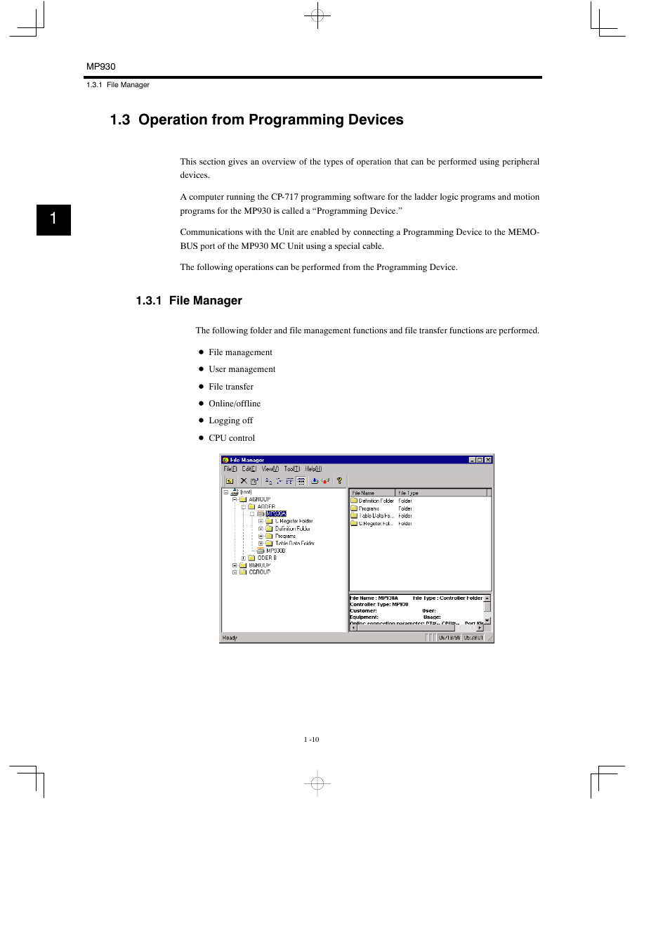 3 operation from programming devices, 1 file manager | Yaskawa MP930 User Manual | Page 22 / 338