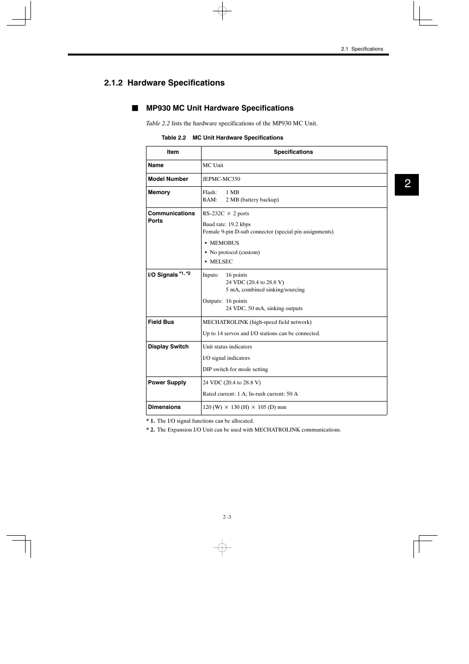 2 hardware specifications, Jmp930 mc unit hardware specifications | Yaskawa MP930 User Manual | Page 28 / 338