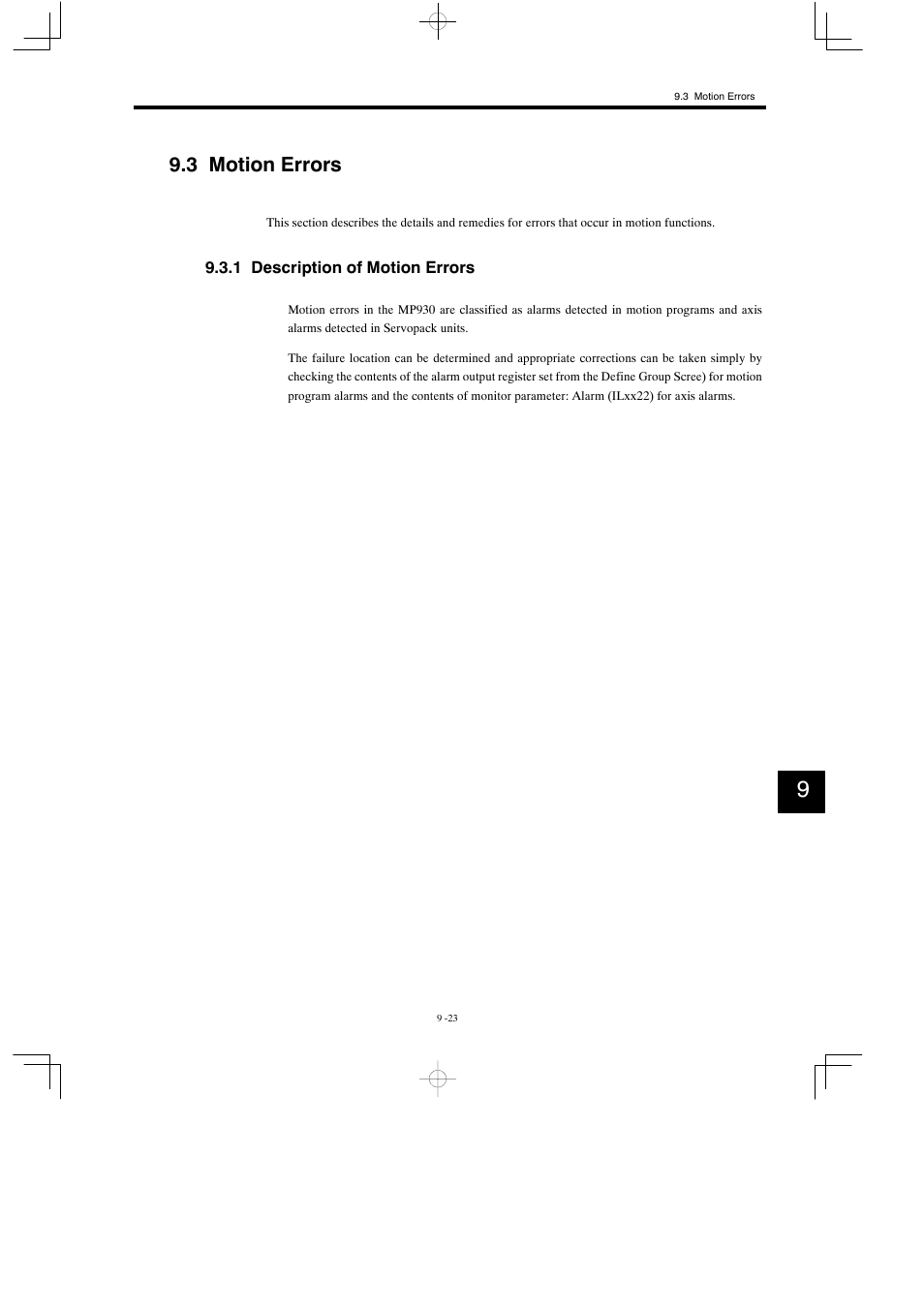 3 motion errors, 1 description of motion errors | Yaskawa MP930 User Manual | Page 282 / 338