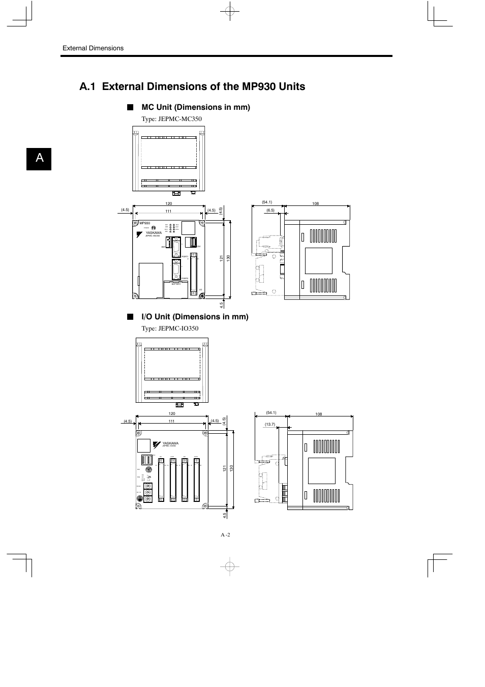 A.1 external dimensions of the mp930 units, Jmc unit (dimensions in mm), Ji/o unit (dimensions in mm) | External dimensions, Type: jepmc-mc350, Type: jepmc-io350, A -2 | Yaskawa MP930 User Manual | Page 288 / 338