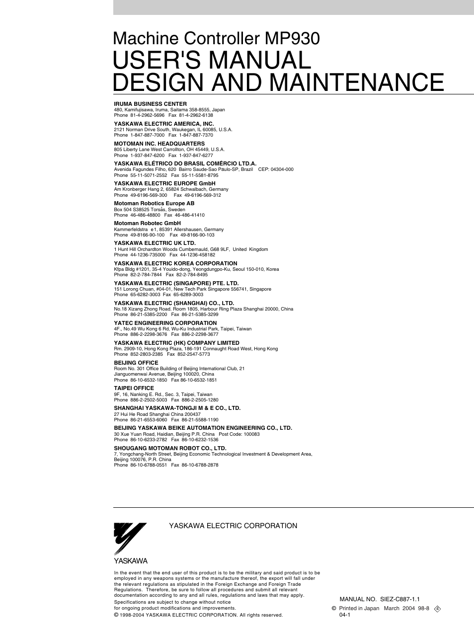 Back cover, User's manual design and maintenance, Machine controller mp930 | Yaskawa MP930 User Manual | Page 338 / 338