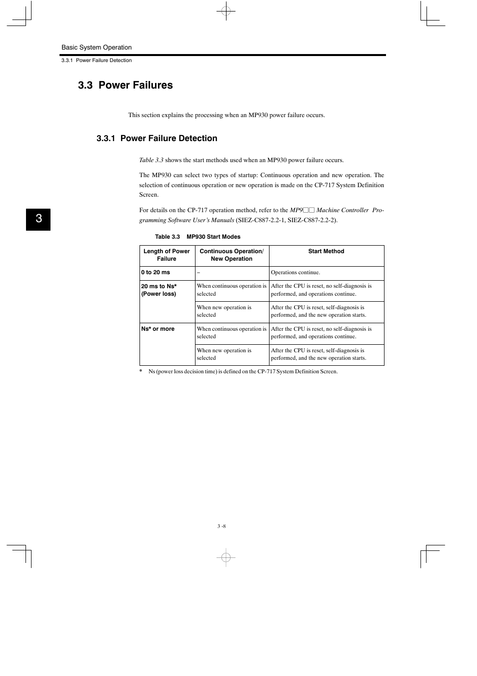 3 power failures, 1 power failure detection | Yaskawa MP930 User Manual | Page 67 / 338
