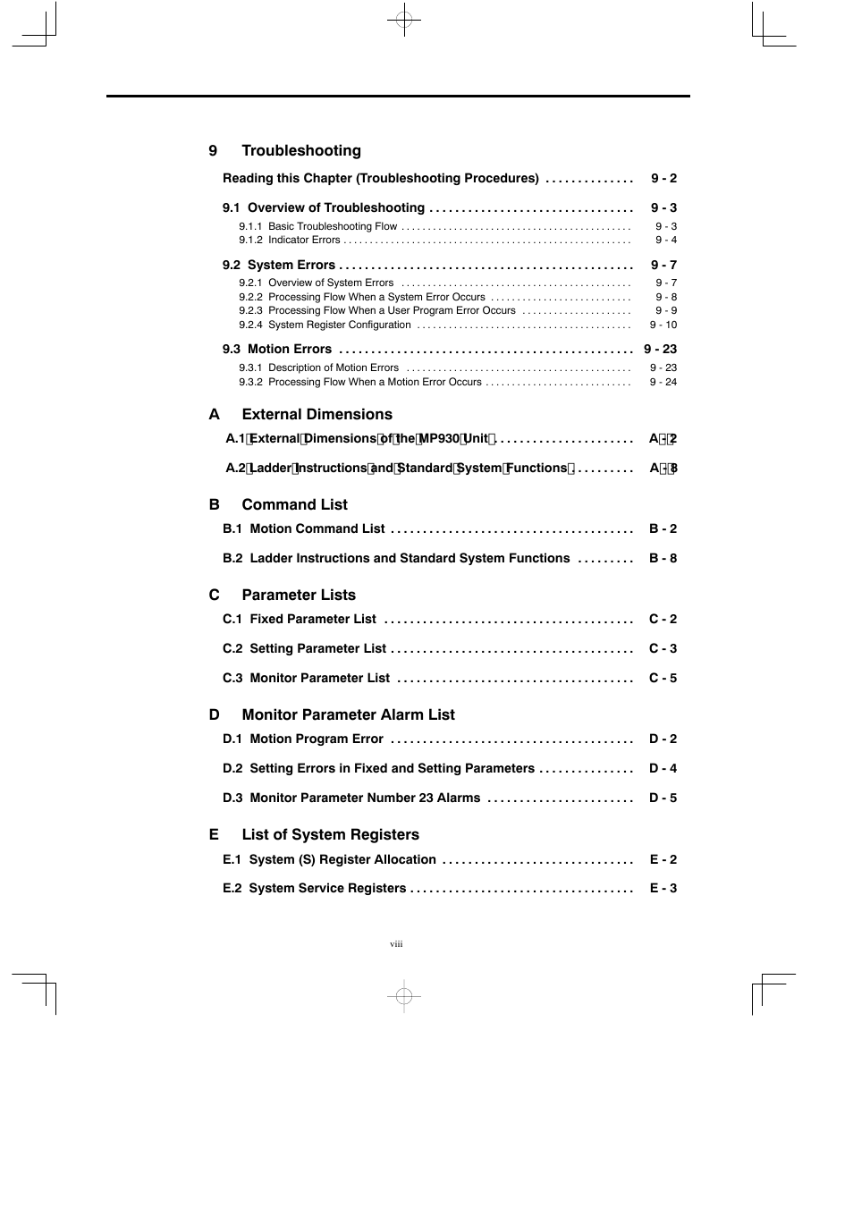 9troubleshooting, Aexternal dimensions, Bcommand list | Cparameter lists, Dmonitor parameter alarm list, Elist of system registers | Yaskawa MP930 User Manual | Page 7 / 338