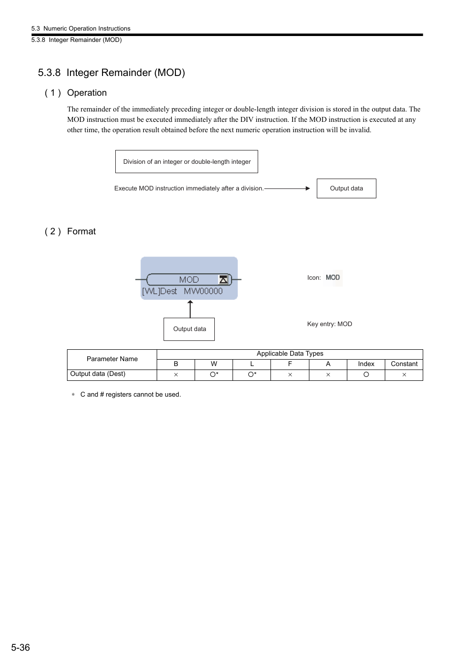 8 integer remainder (mod), 1 ) operation, 2 ) format | Yaskawa MP900 Series Ladder Programming Manual User Manual | Page 105 / 415