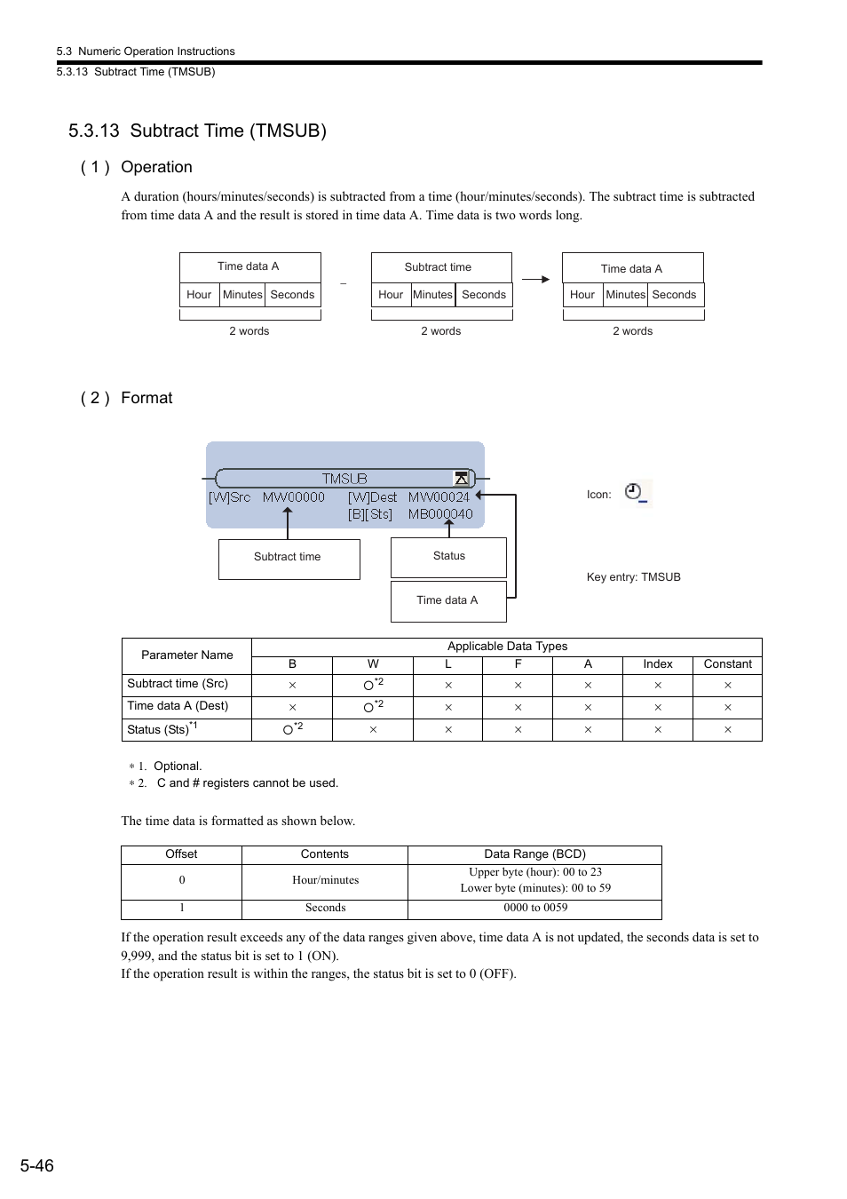 13 subtract time (tmsub), 1 ) operation, 2 ) format | Yaskawa MP900 Series Ladder Programming Manual User Manual | Page 115 / 415