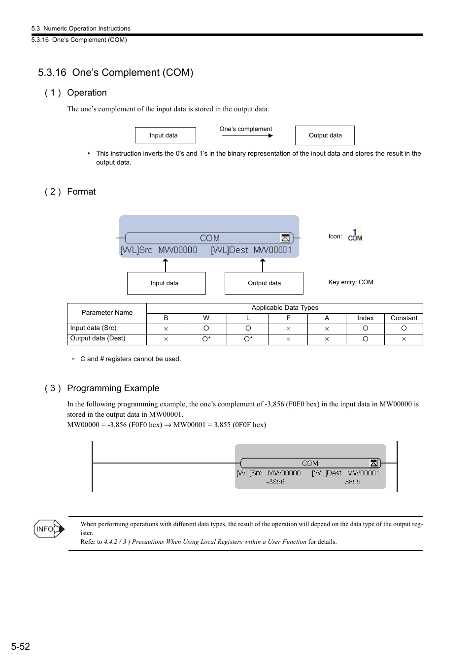 16 one’s complement (com), 1 ) operation, 2 ) format | 3 ) programming example | Yaskawa MP900 Series Ladder Programming Manual User Manual | Page 121 / 415