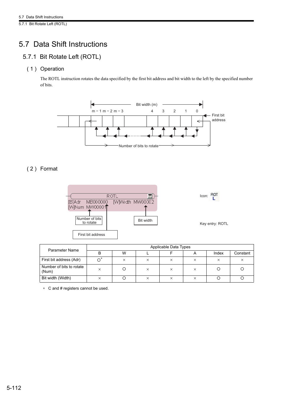 7 data shift instructions, 1 bit rotate left (rotl), 1 ) operation | 2 ) format | Yaskawa MP900 Series Ladder Programming Manual User Manual | Page 181 / 415