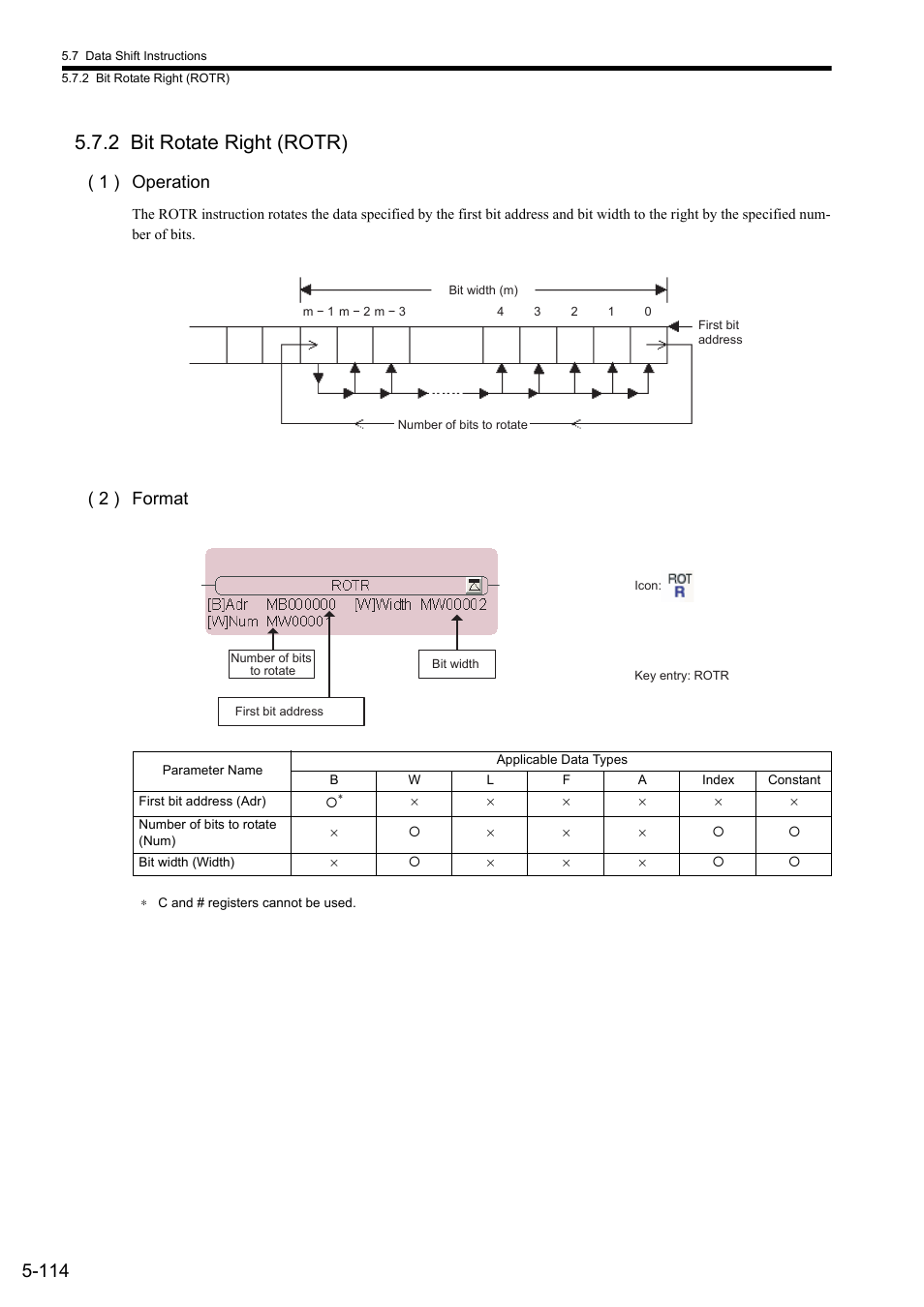 2 bit rotate right (rotr), 1 ) operation, 2 ) format | Yaskawa MP900 Series Ladder Programming Manual User Manual | Page 183 / 415