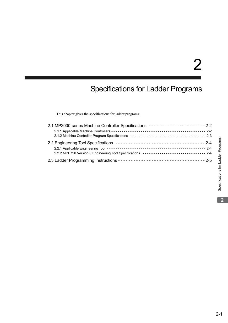 2 specifications for ladder programs, Specifications for ladder programs | Yaskawa MP900 Series Ladder Programming Manual User Manual | Page 21 / 415