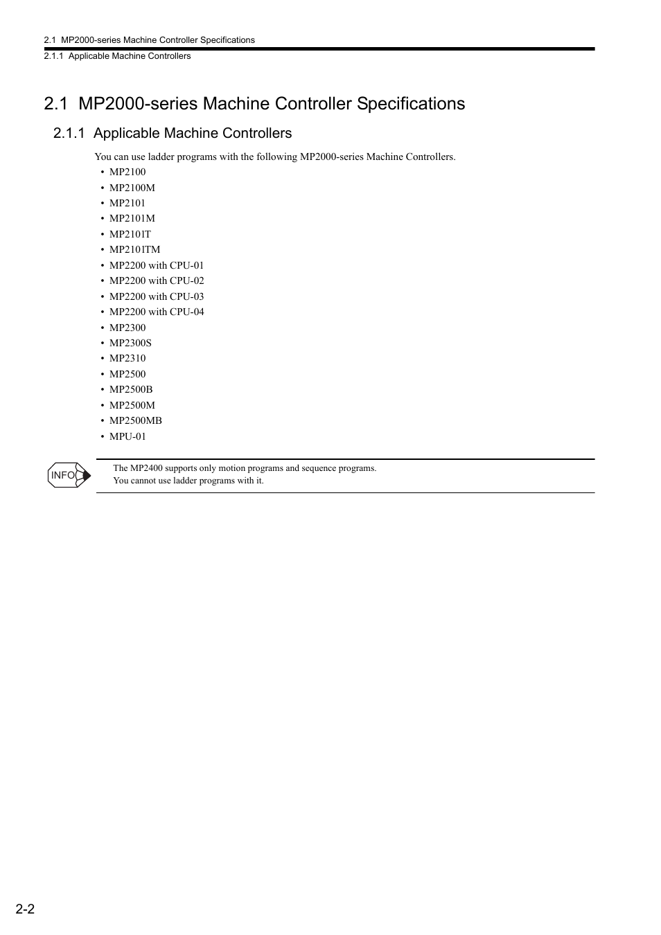 1 mp2000-series machine controller specifications, 1 applicable machine controllers | Yaskawa MP900 Series Ladder Programming Manual User Manual | Page 22 / 415