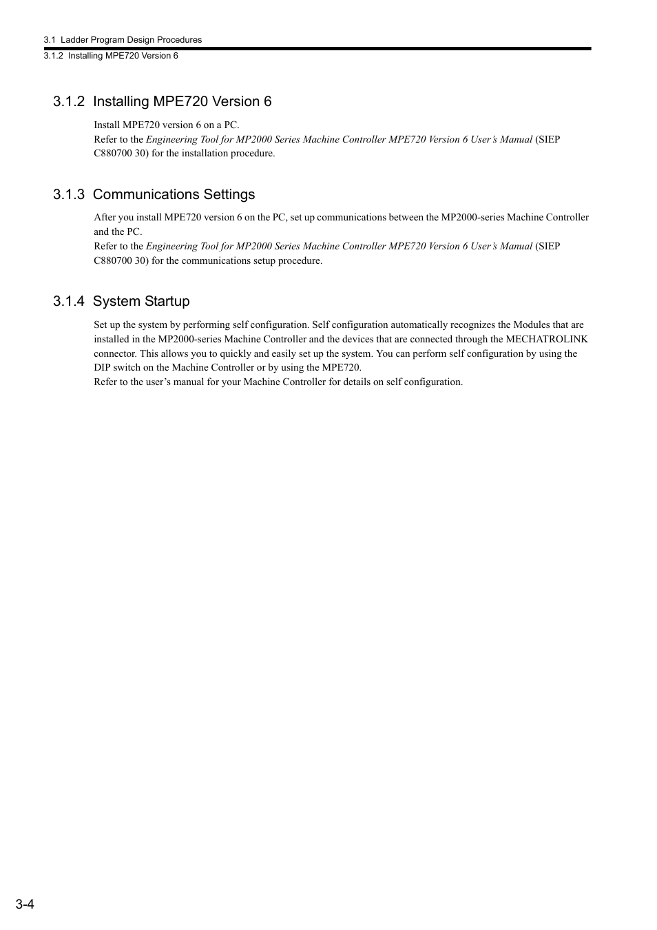 2 installing mpe720 version 6, 3 communications settings, 4 system startup | Yaskawa MP900 Series Ladder Programming Manual User Manual | Page 31 / 415