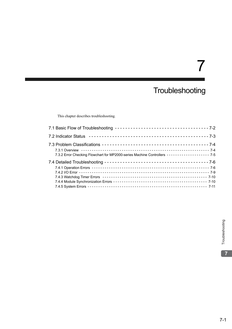 7 troubleshooting, Troubleshooting | Yaskawa MP900 Series Ladder Programming Manual User Manual | Page 364 / 415