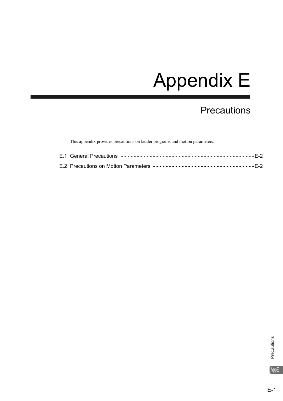 Appendix e precautions, Appendix e, Precautions | Yaskawa MP900 Series Ladder Programming Manual User Manual | Page 409 / 415