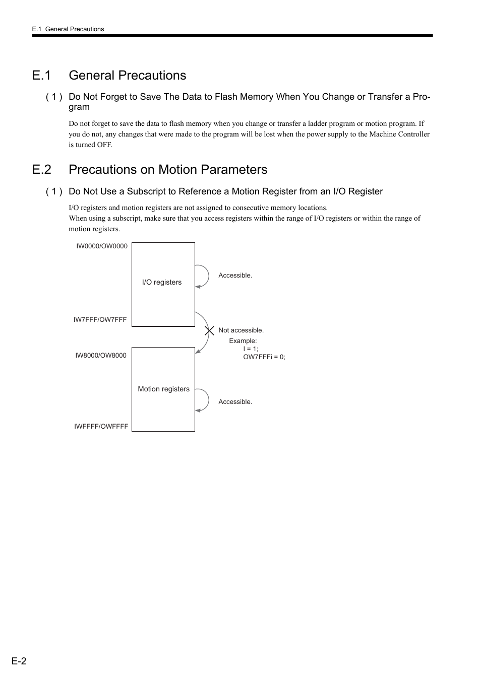 E.1 general precautions, E.2 precautions on motion parameters | Yaskawa MP900 Series Ladder Programming Manual User Manual | Page 410 / 415