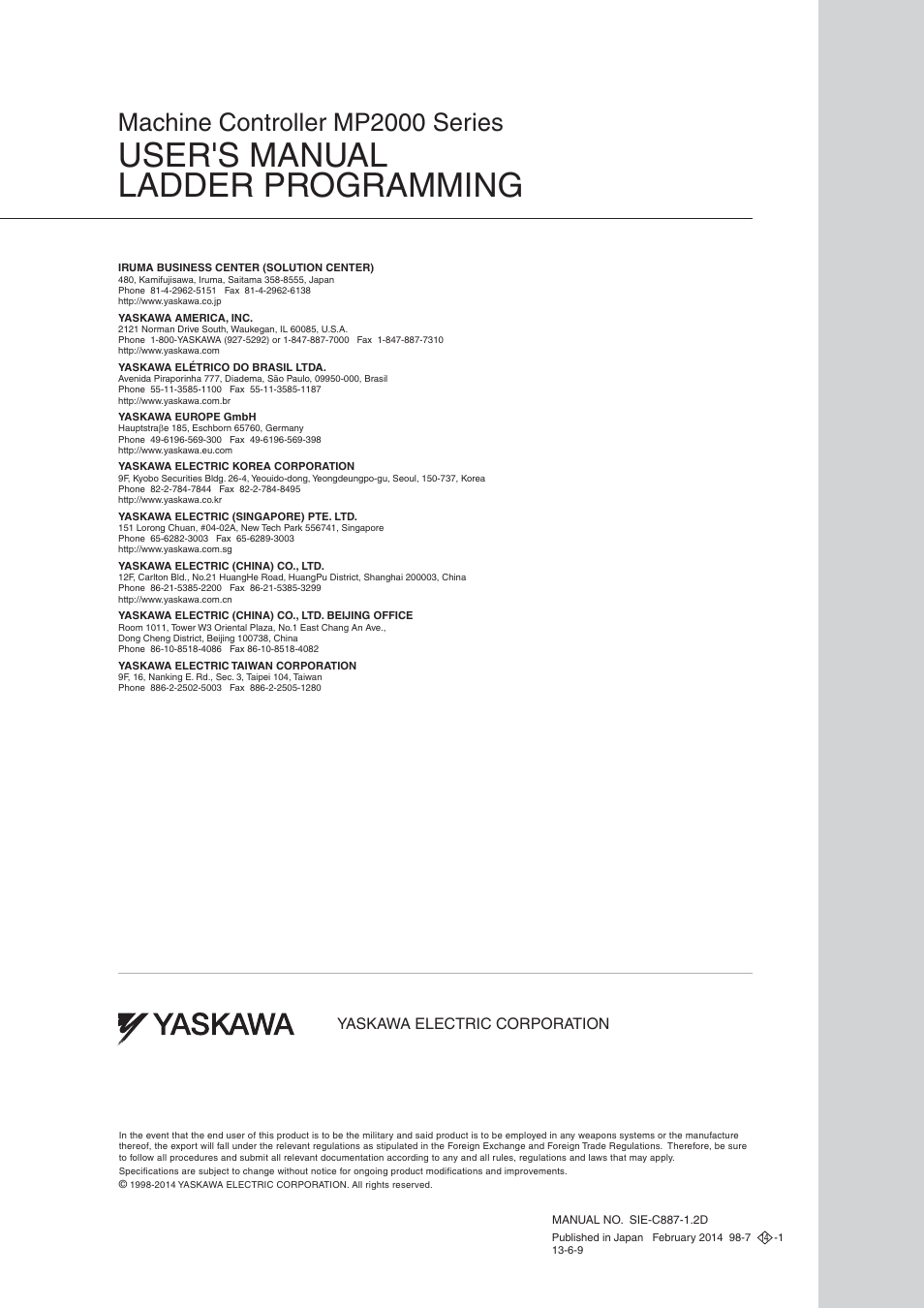 Back cover, User's manual ladder programming, Machine controller mp2000 series | Yaskawa electric corporation | Yaskawa MP900 Series Ladder Programming Manual User Manual | Page 415 / 415