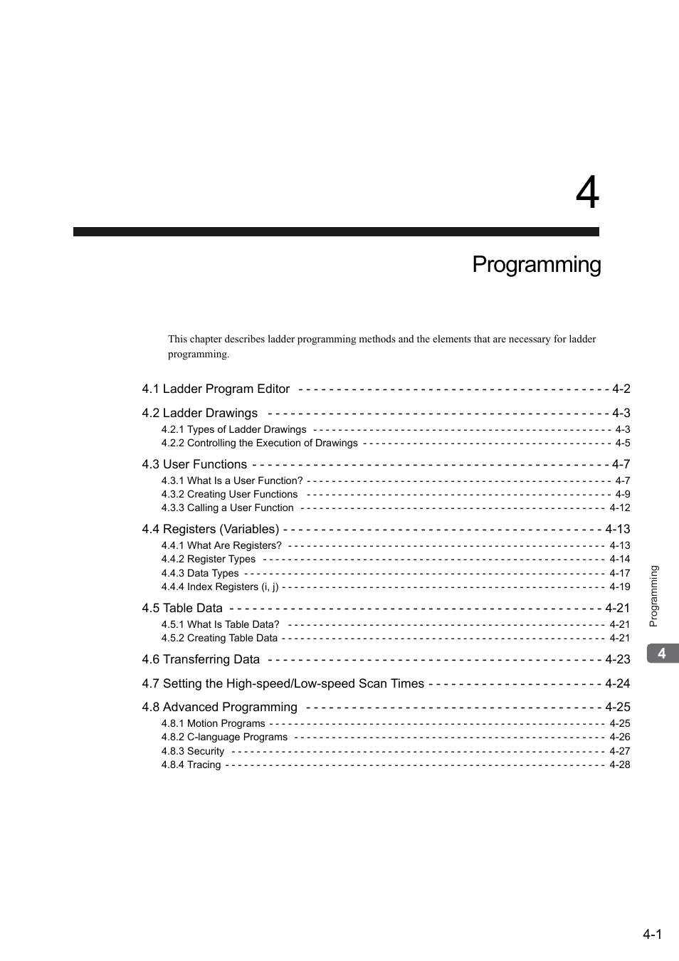 4 programming, Programming | Yaskawa MP900 Series Ladder Programming Manual User Manual | Page 42 / 415