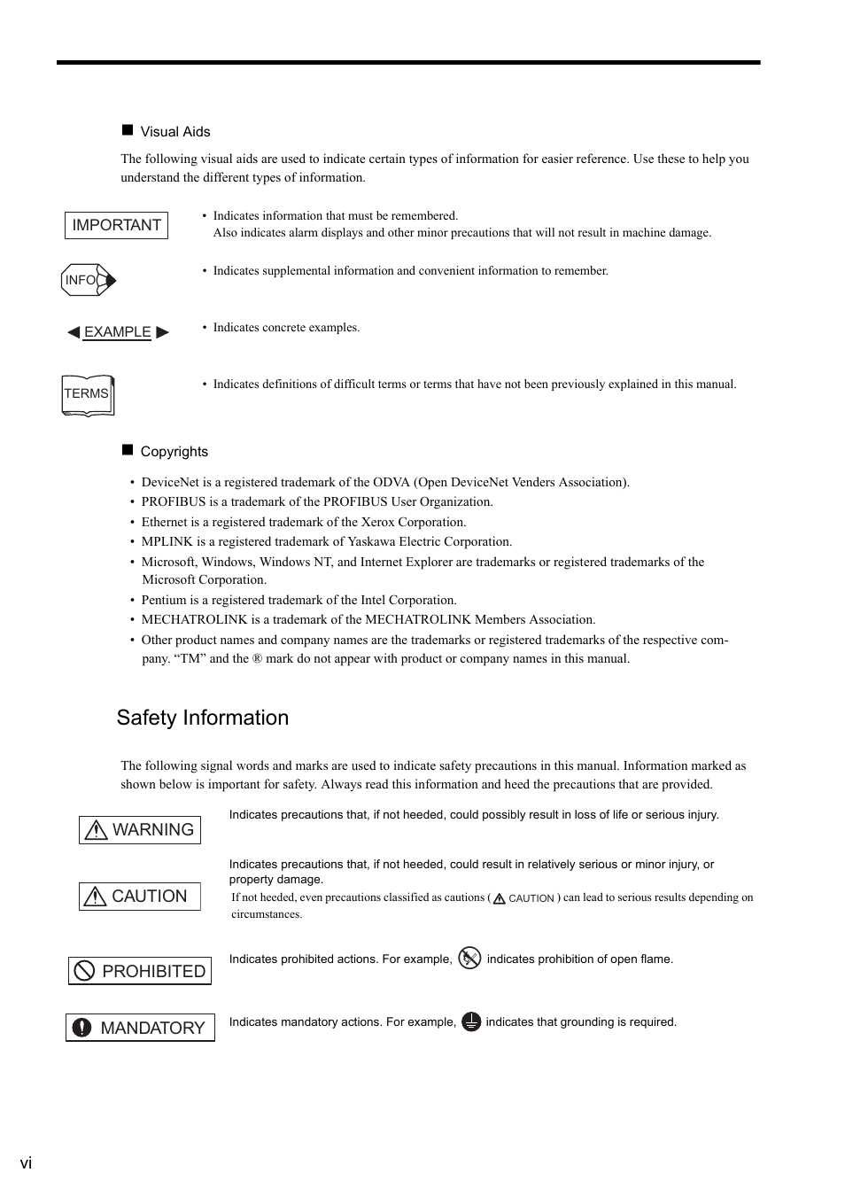 Safety information, Warning caution, Prohibited mandatory | Yaskawa MP900 Series Ladder Programming Manual User Manual | Page 6 / 415