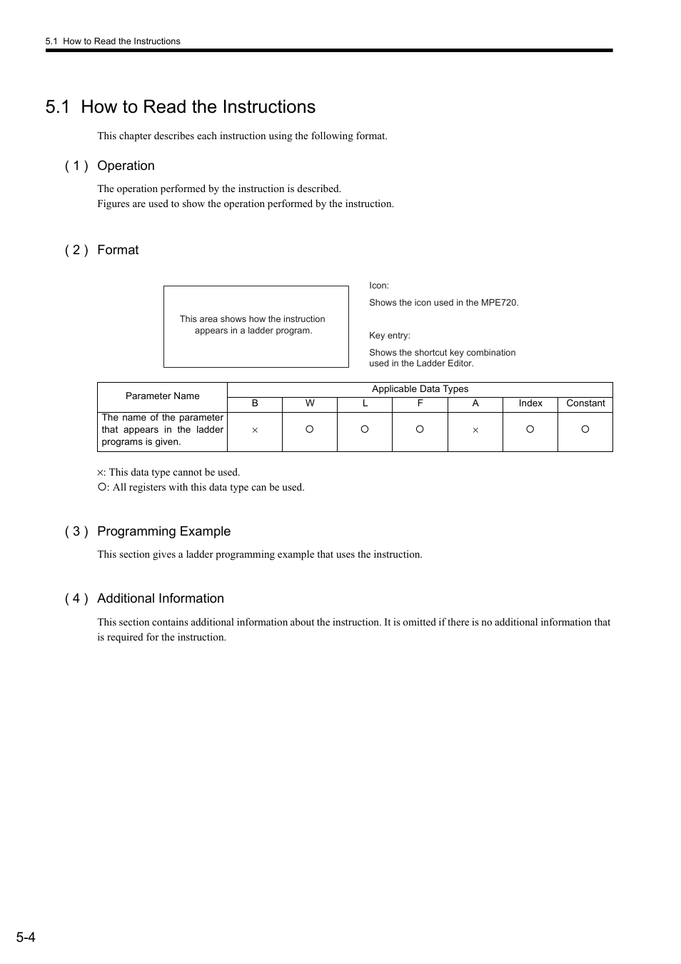 1 how to read the instructions, 1 ) operation, 2 ) format | 3 ) programming example, 4 ) additional information | Yaskawa MP900 Series Ladder Programming Manual User Manual | Page 73 / 415