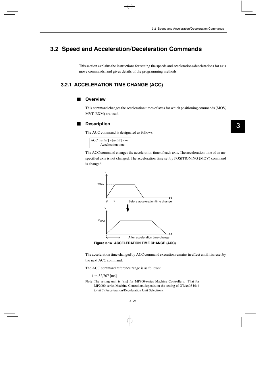 2 speed and acceleration/deceleration commands, 1 acceleration time change (acc) | Yaskawa MP900 Series Motion Programming Manual User Manual | Page 119 / 211