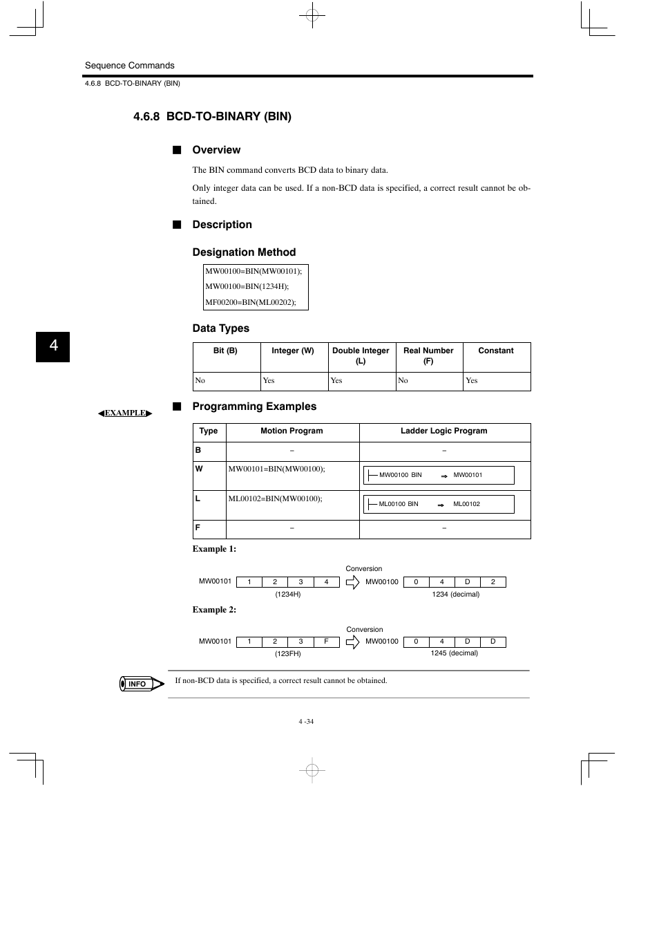 8 bcd-to-binary (bin), Joverview, Jdescription designation method | Data types, Jprogramming examples | Yaskawa MP900 Series Motion Programming Manual User Manual | Page 167 / 211