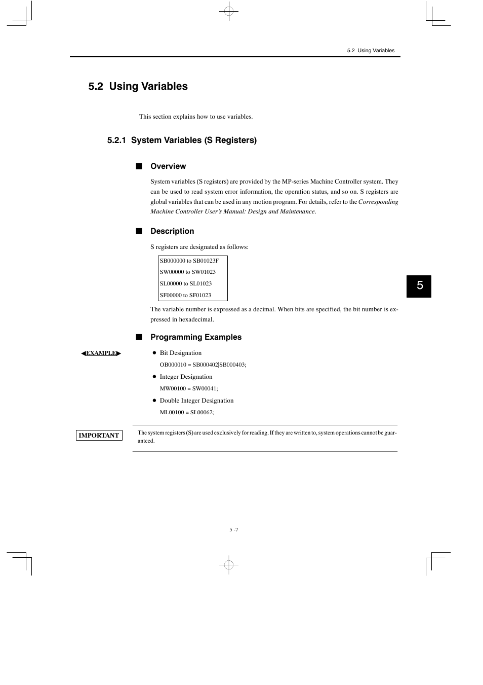 2 using variables, 1 system variables (s registers) | Yaskawa MP900 Series Motion Programming Manual User Manual | Page 177 / 211