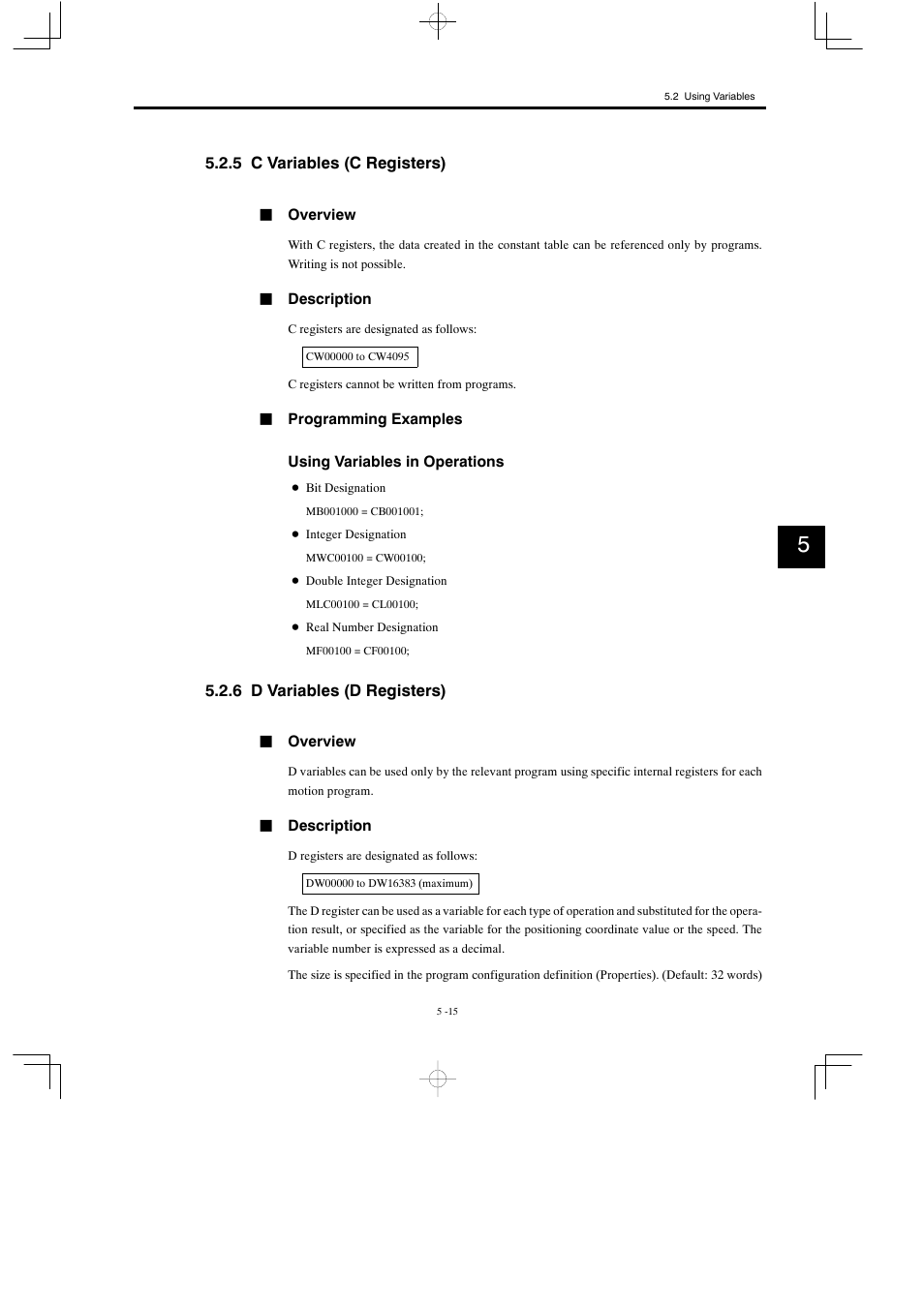 5 c variables (c registers), 6 d variables (d registers) | Yaskawa MP900 Series Motion Programming Manual User Manual | Page 185 / 211