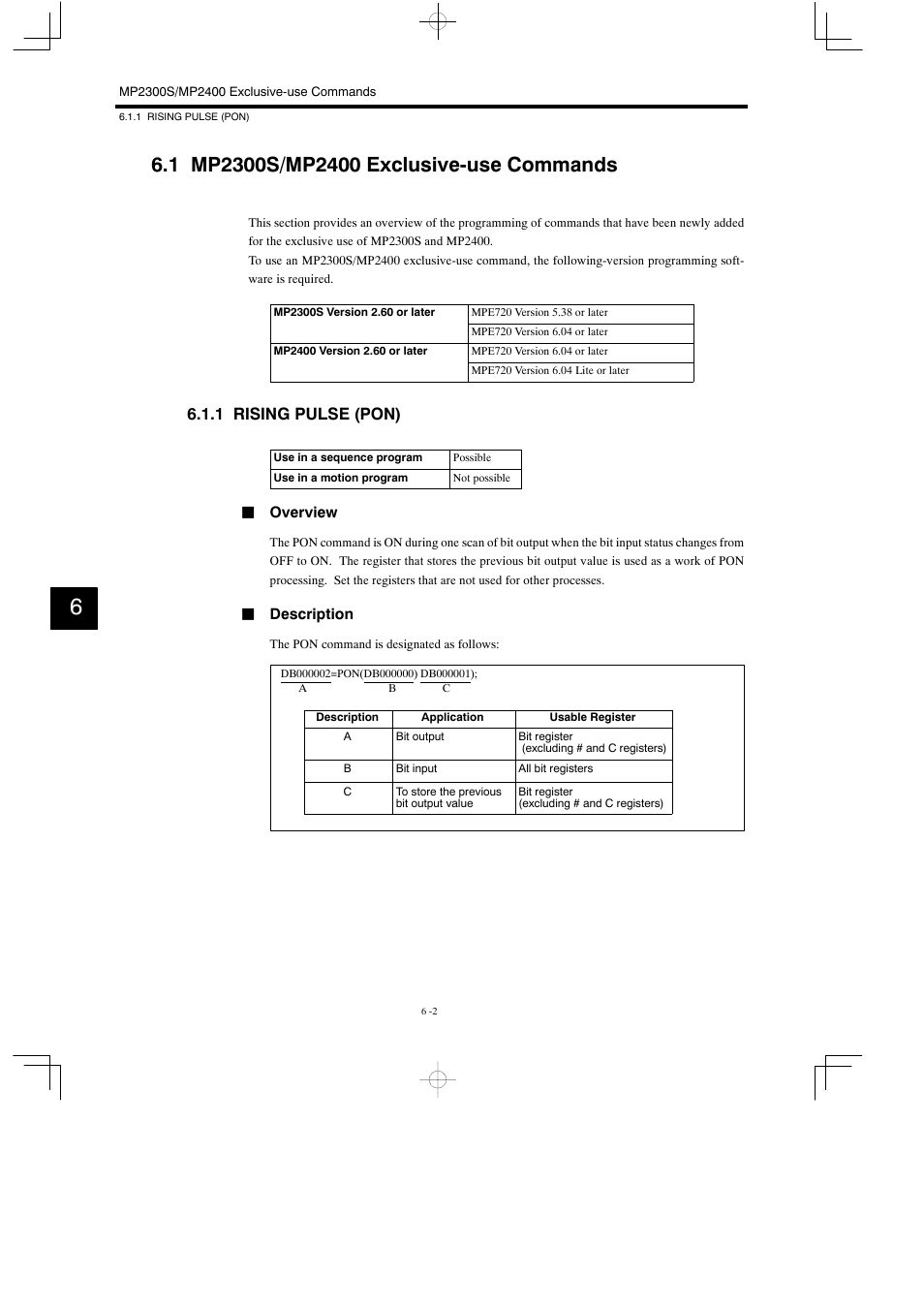1 mp2300s/mp2400 exclusive-use commands, 1 rising pulse (pon) | Yaskawa MP900 Series Motion Programming Manual User Manual | Page 188 / 211