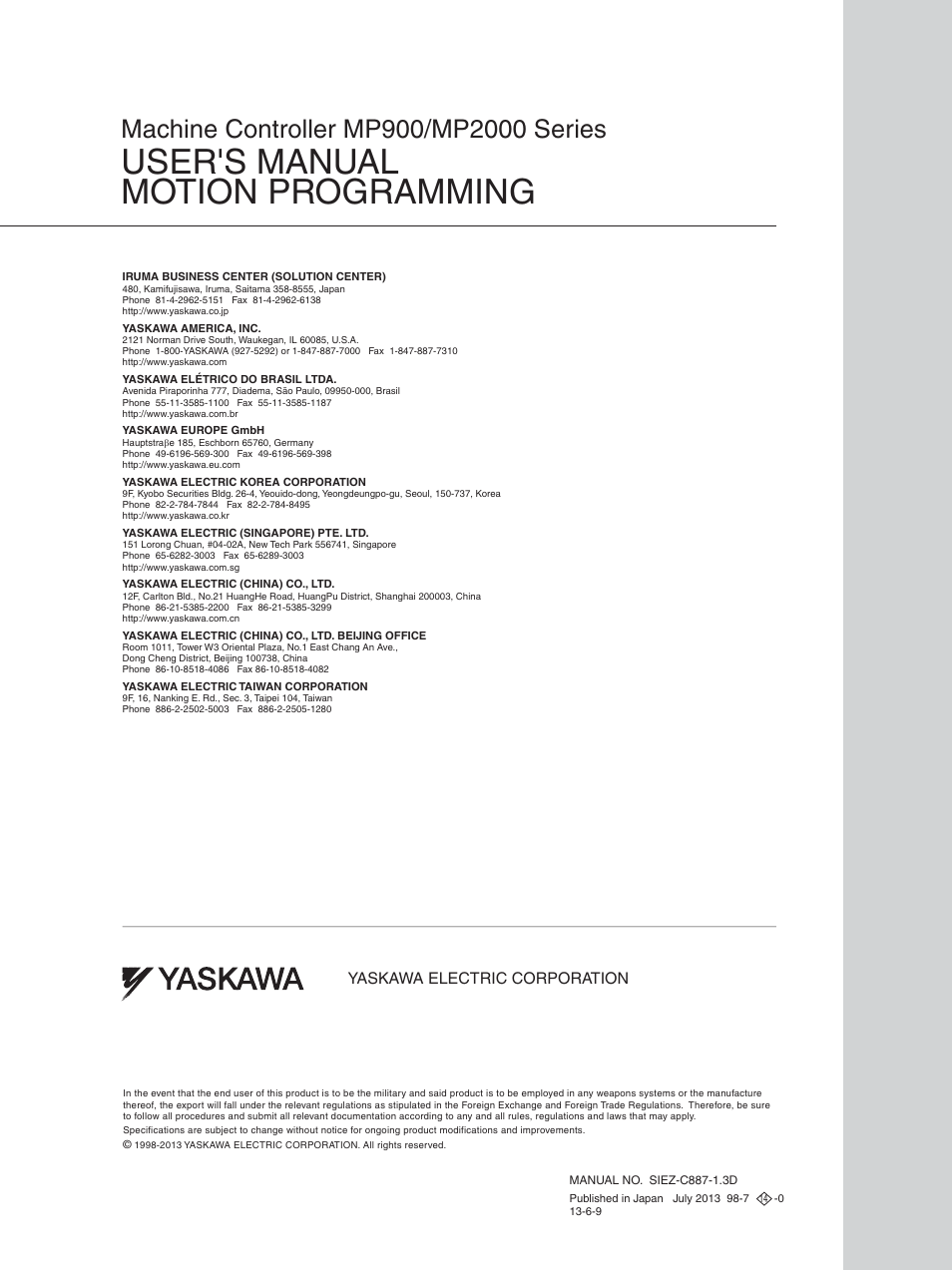 Back cover, User's manual motion programming | Yaskawa MP900 Series Motion Programming Manual User Manual | Page 211 / 211