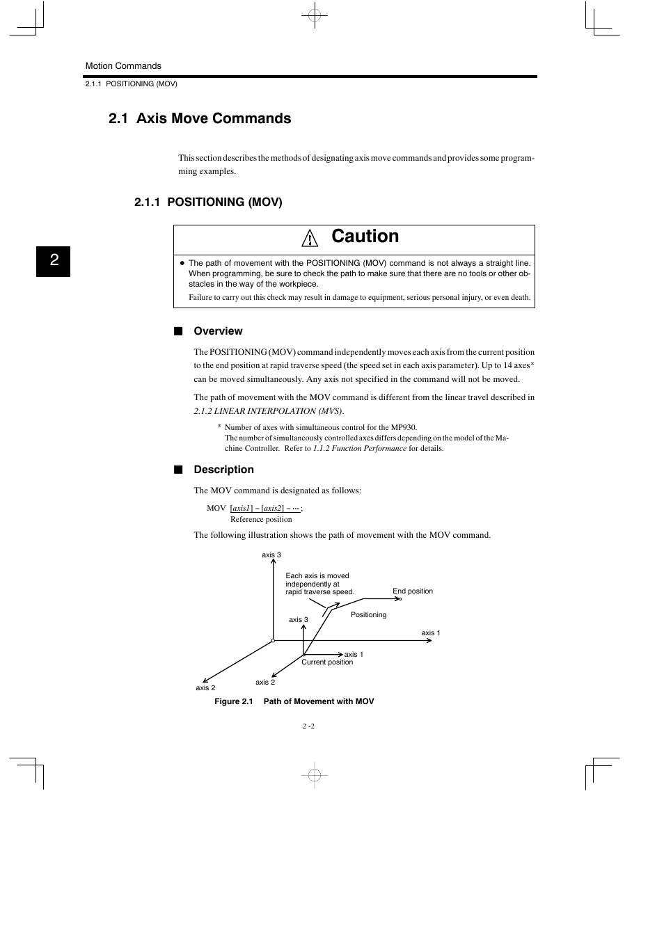 1 axis move commands, 1 positioning (mov), Caution | Yaskawa MP900 Series Motion Programming Manual User Manual | Page 55 / 211