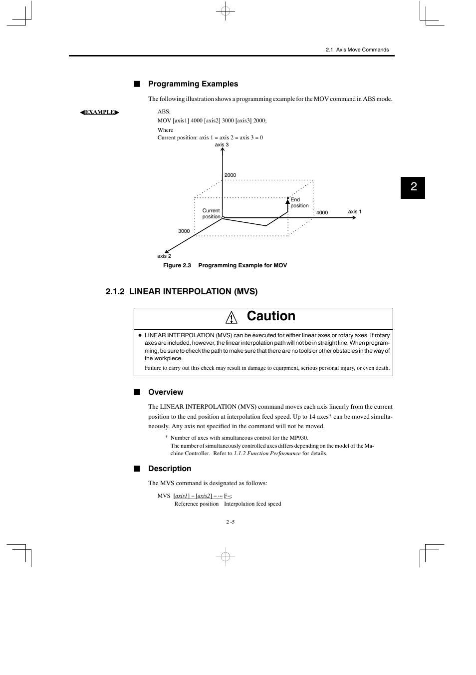2 linear interpolation (mvs), Caution | Yaskawa MP900 Series Motion Programming Manual User Manual | Page 58 / 211