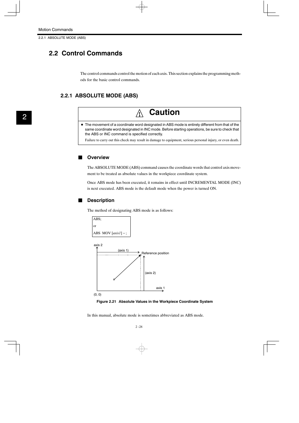 2 control commands, 1 absolute mode (abs), Caution | Yaskawa MP900 Series Motion Programming Manual User Manual | Page 81 / 211