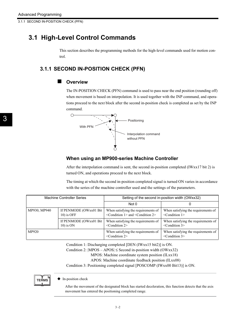 1 high-level control commands, 1 second in-position check (pfn) | Yaskawa MP900 Series Motion Programming Manual User Manual | Page 92 / 211
