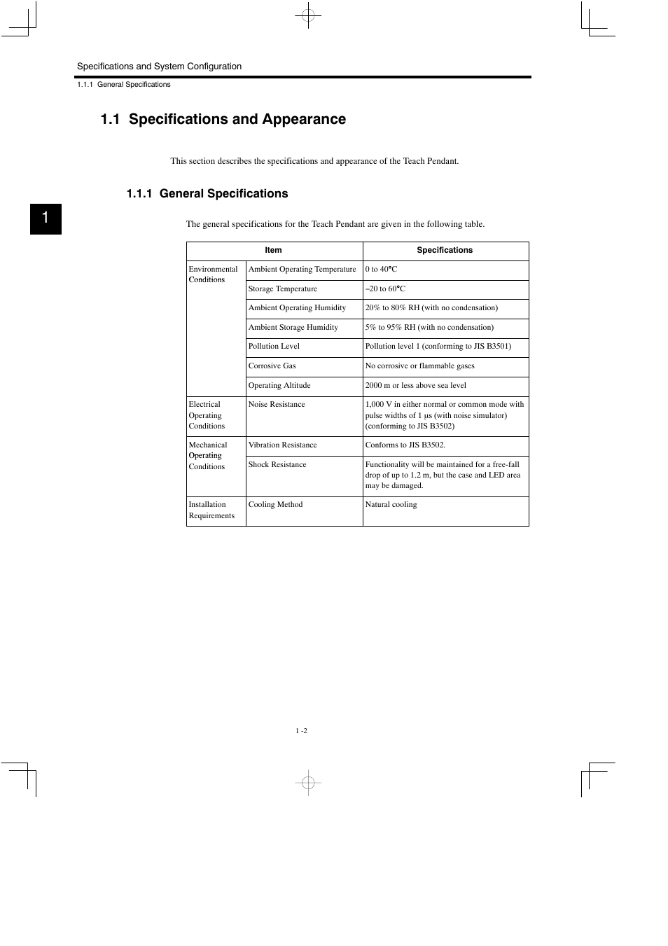 1 specifications and appearance, 1 general specifications | Yaskawa MP900 Teach Pendant User Manual | Page 13 / 80