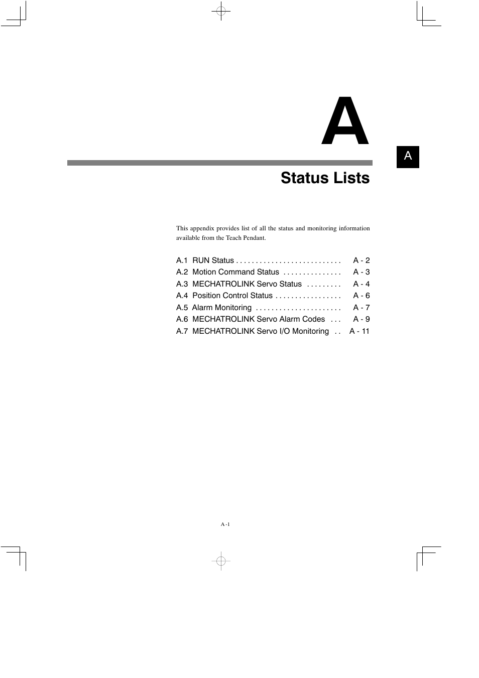 A status lists, Status lists | Yaskawa MP900 Teach Pendant User Manual | Page 69 / 80