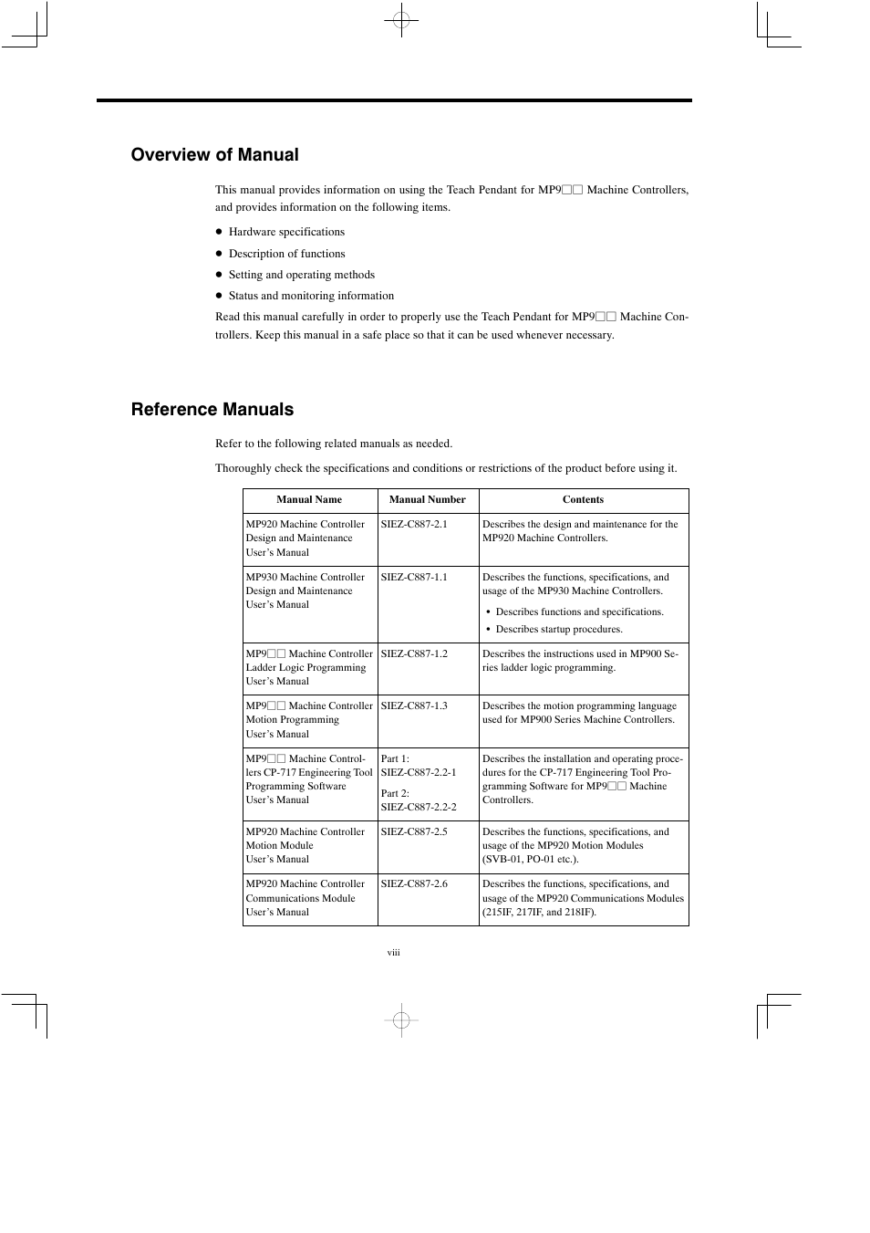 Overview of manual, Reference manuals | Yaskawa MP900 Teach Pendant User Manual | Page 7 / 80