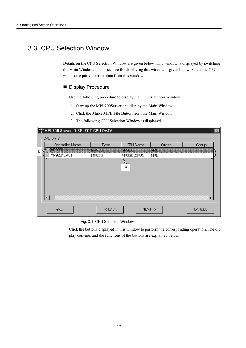 3 cpu selection window, Display procedure | Yaskawa MP900 Series MPLoader User Manual | Page 24 / 41