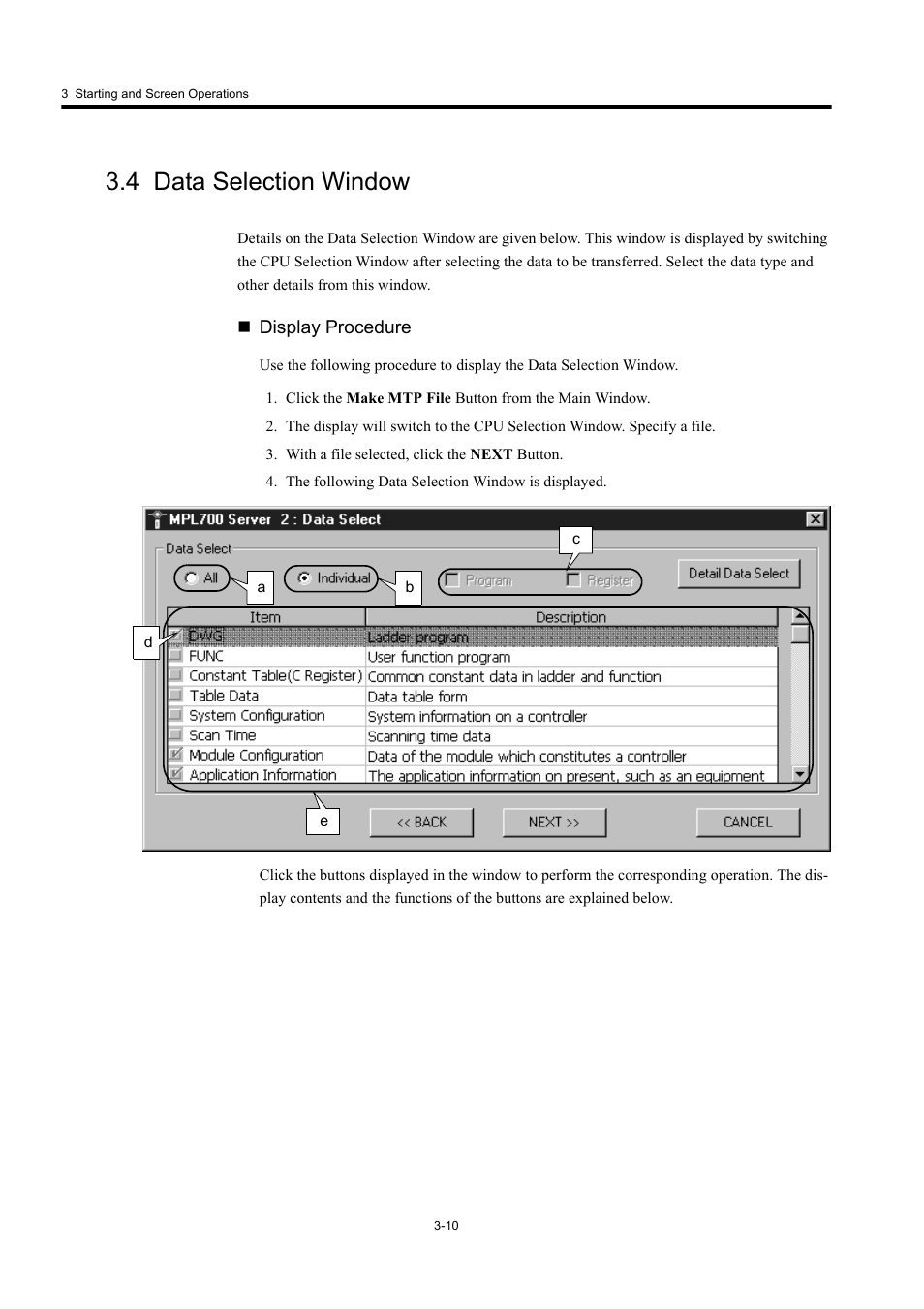 4 data selection window, Display procedure | Yaskawa MP900 Series MPLoader User Manual | Page 28 / 41