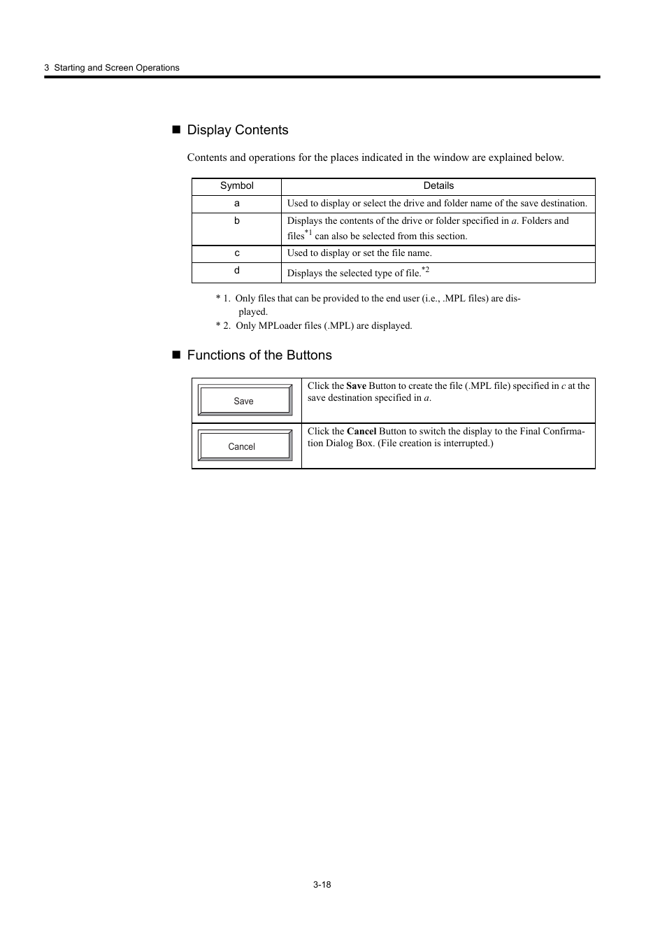 Display contents, Functions of the buttons | Yaskawa MP900 Series MPLoader User Manual | Page 36 / 41