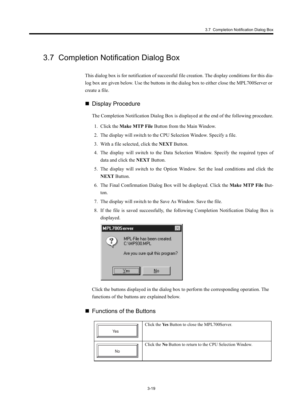 7 completion notification dialog box, Display procedure, Functions of the buttons | Yaskawa MP900 Series MPLoader User Manual | Page 37 / 41