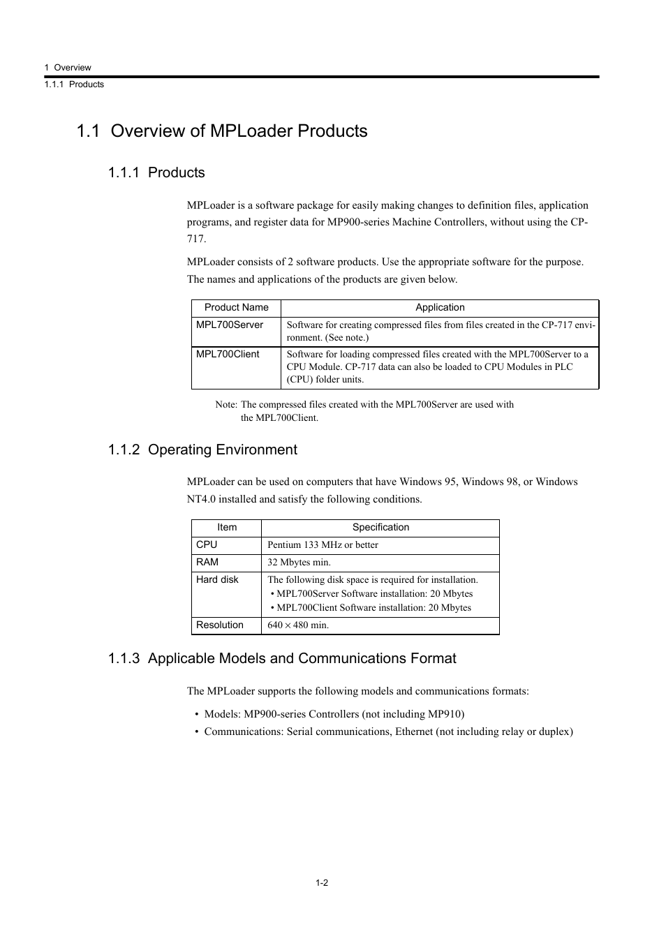 1 overview of mploader products, 1 products, 2 operating environment | 3 applicable models and communications format | Yaskawa MP900 Series MPLoader User Manual | Page 4 / 41