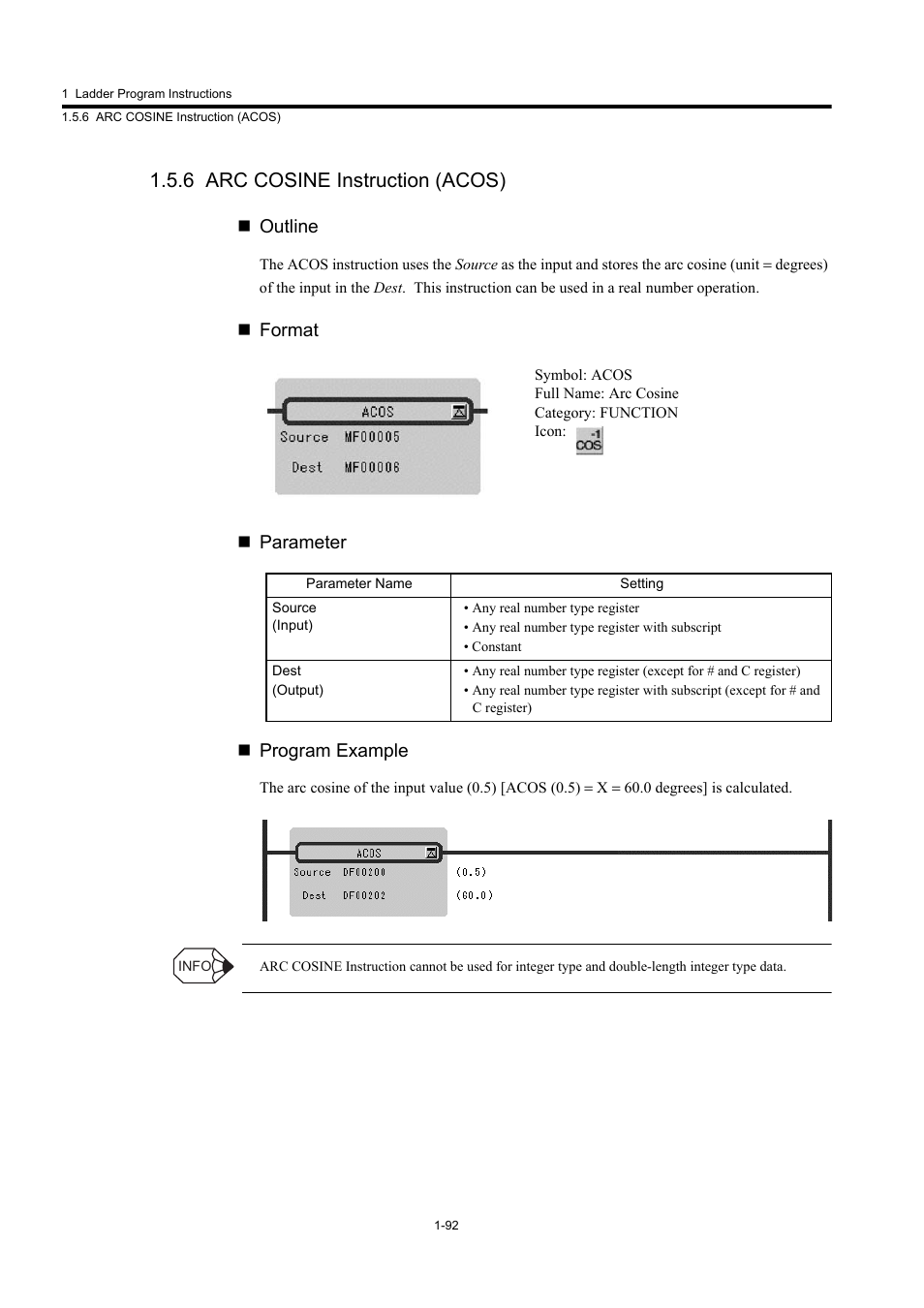 6 arc cosine instruction (acos) | Yaskawa MP900 Series Machine Controller New Ladder Editor User Manual | Page 102 / 250