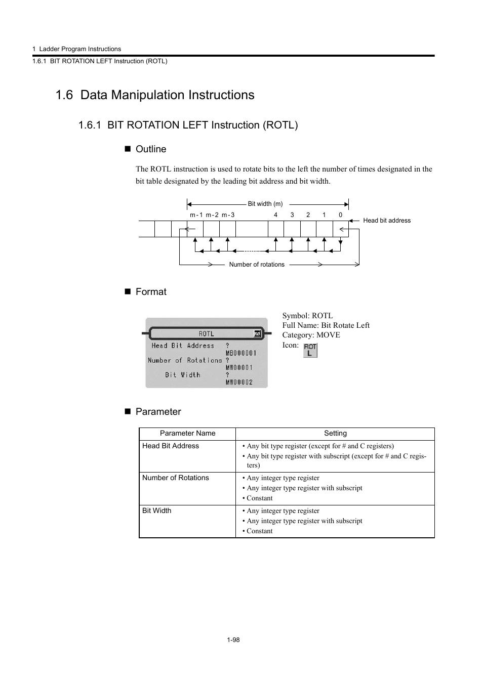 6 data manipulation instructions, 1 bit rotation left instruction (rotl), Outline | Format, Parameter | Yaskawa MP900 Series Machine Controller New Ladder Editor User Manual | Page 108 / 250