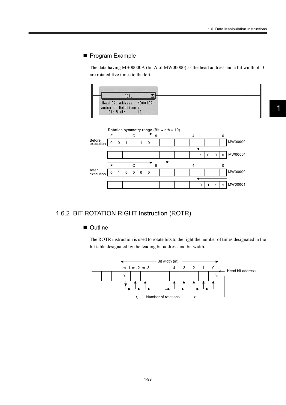2 bit rotation right instruction (rotr), Program example, Outline | Yaskawa MP900 Series Machine Controller New Ladder Editor User Manual | Page 109 / 250