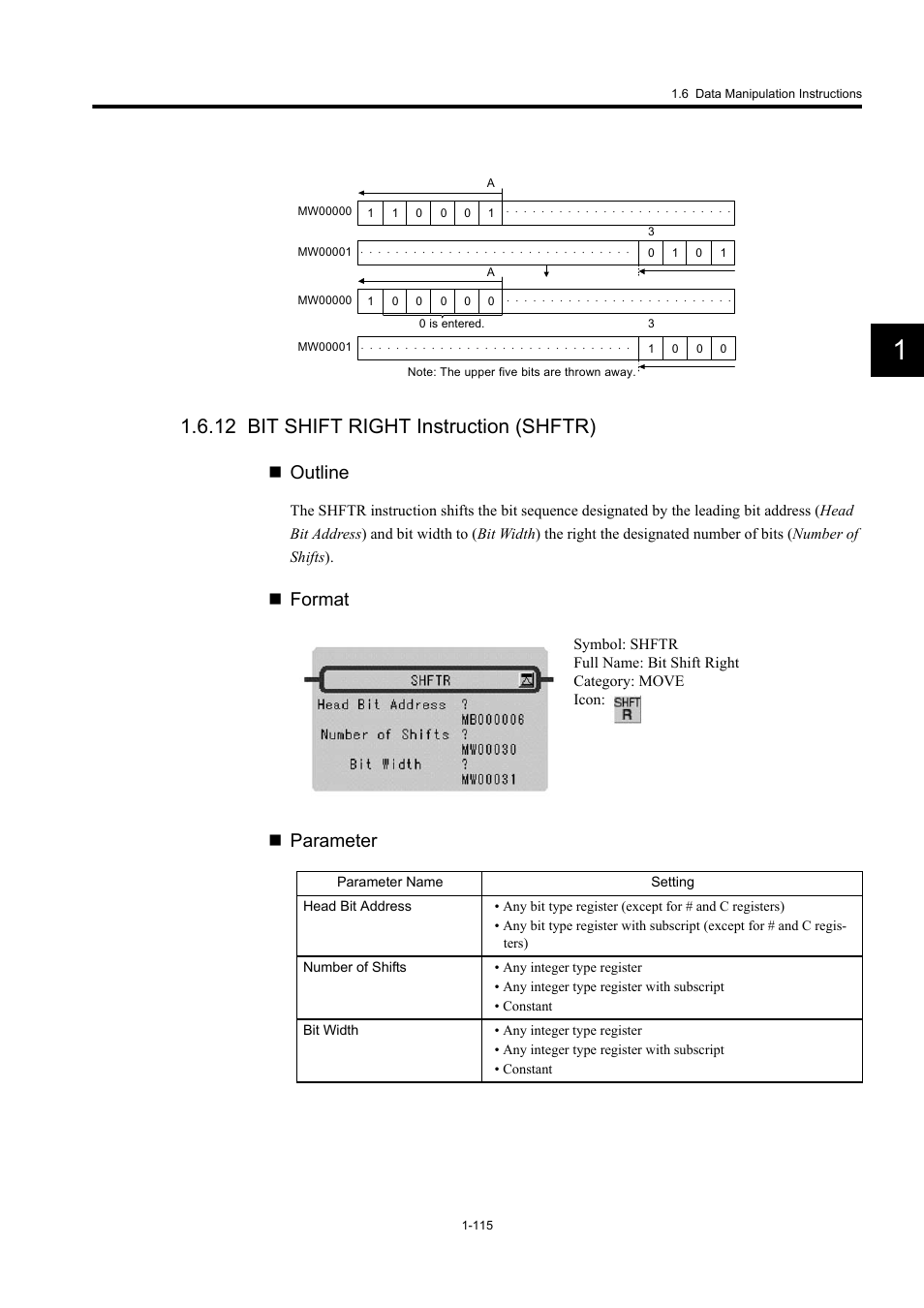 12 bit shift right instruction (shftr), Outline, Format | Parameter | Yaskawa MP900 Series Machine Controller New Ladder Editor User Manual | Page 125 / 250