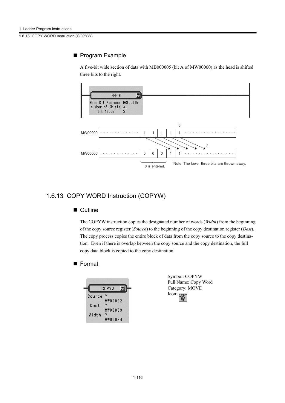 13 copy word instruction (copyw), Program example, Outline | Format | Yaskawa MP900 Series Machine Controller New Ladder Editor User Manual | Page 126 / 250